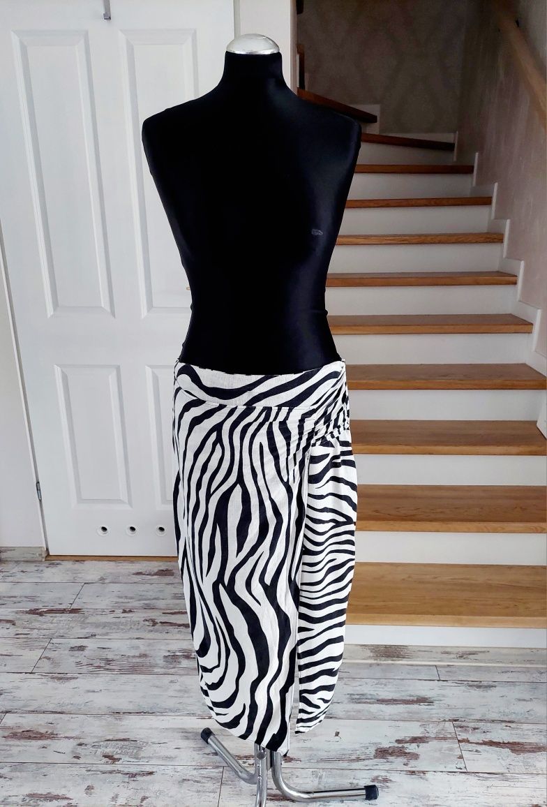 Zara spódnica midi w paski, zebra, animal print, wiskoza z lnem, r. L