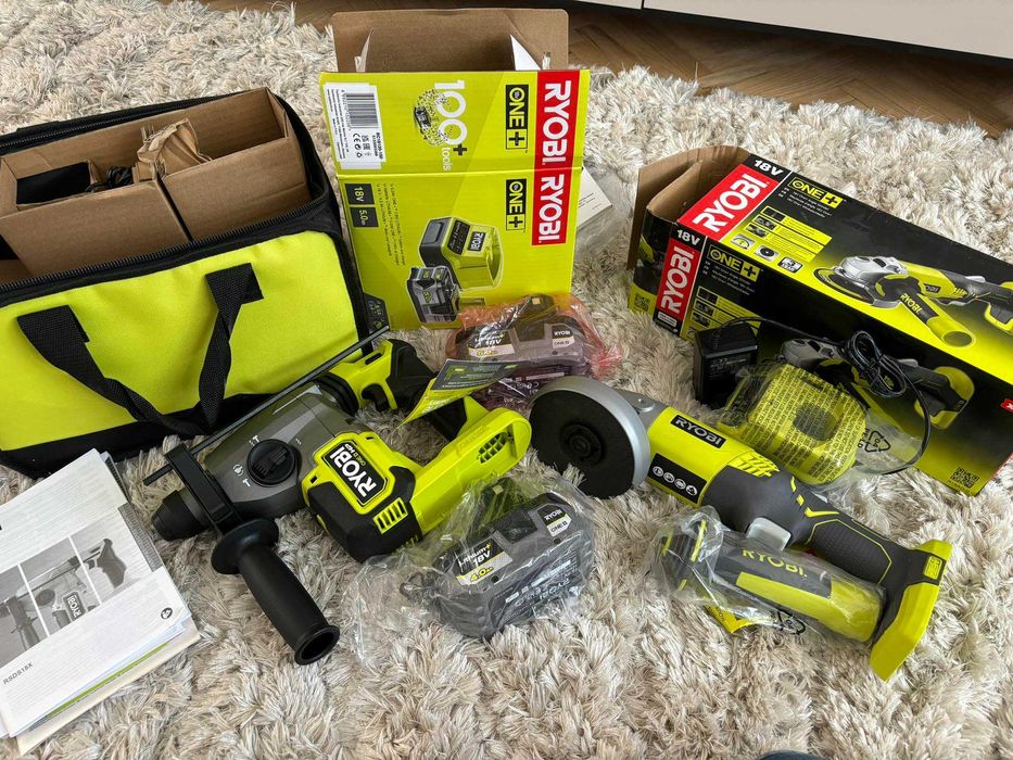 Ryobi zestaw młotowiertarka, kątówka + 2 baterie 4 ah + torba