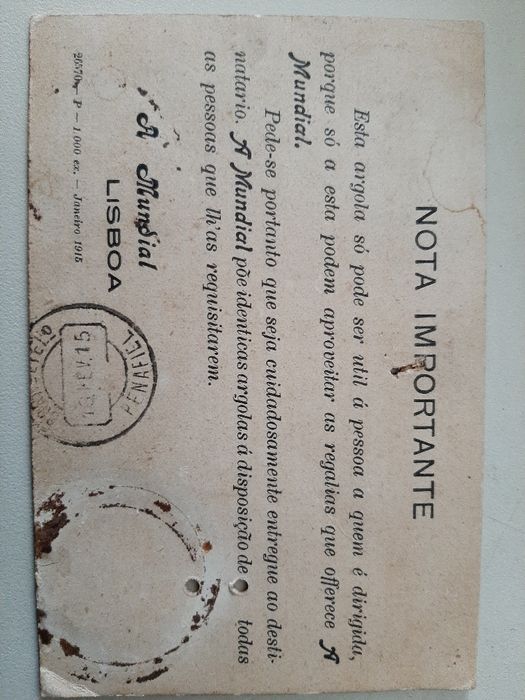 Postal com 108 anos - A Mundial