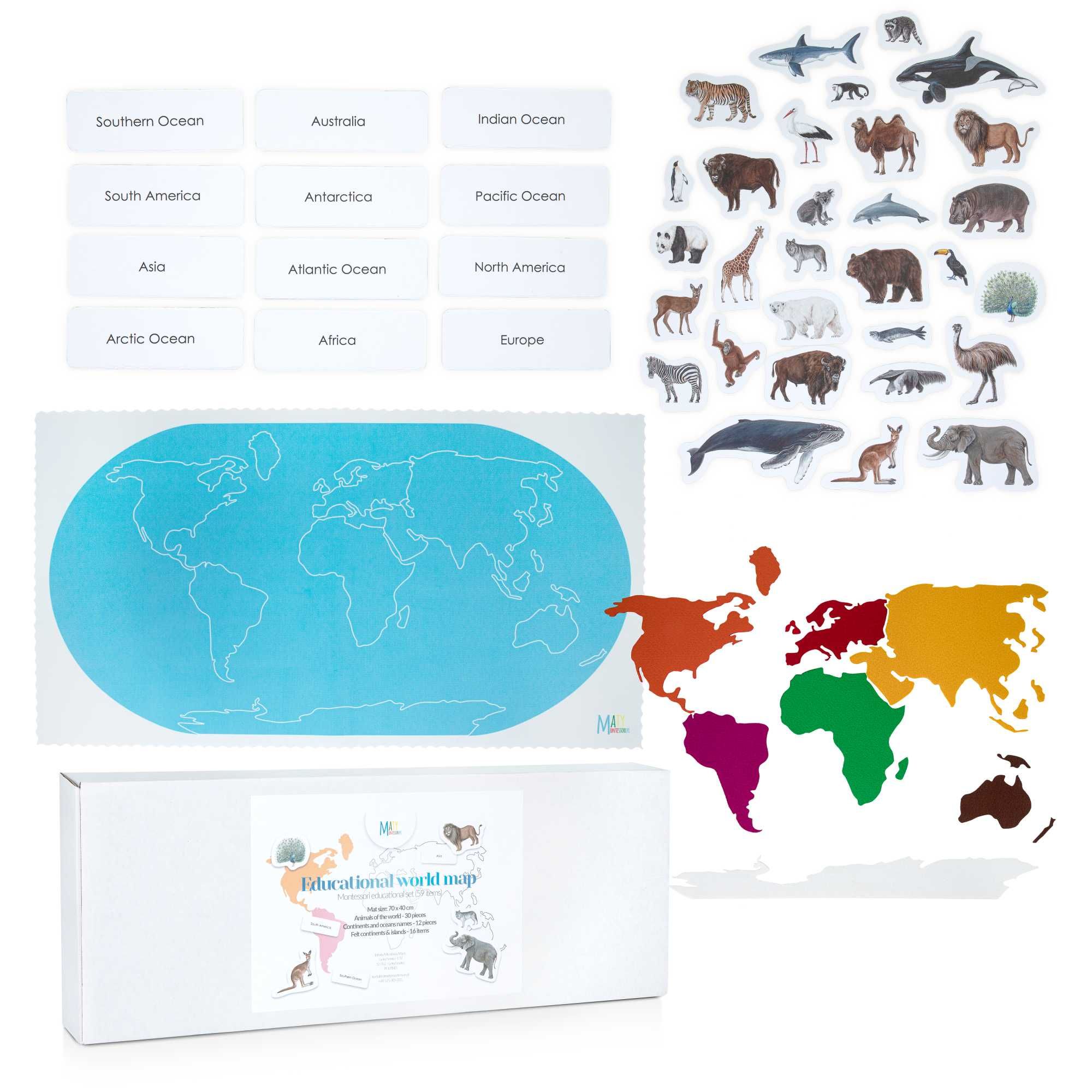 Mapa Świata mata Montessori 70x40 + kafelki PL EN, kontynenty z filcu
