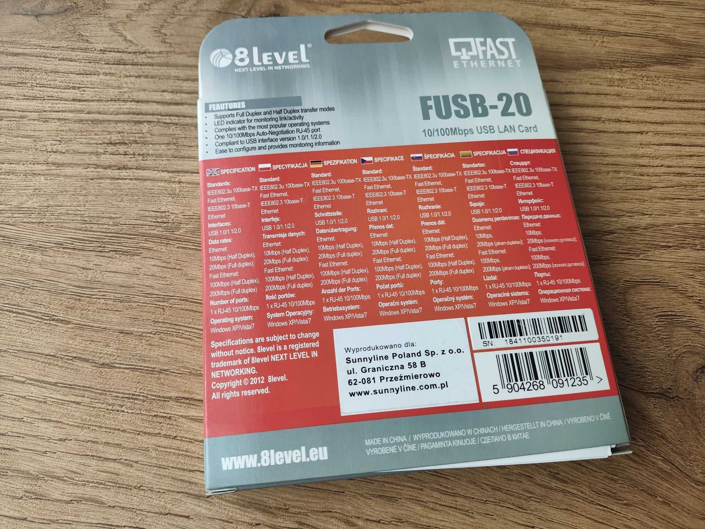 Karta sieciowa 8level FUSB-20 LAN USB RJ-45 10/100Mbps