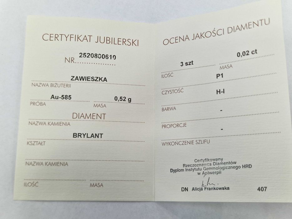 Złoty wisiorek/ 585/ 0.52 gram/ Apart/ 3x DIA/ delikatny/ Certyfikat