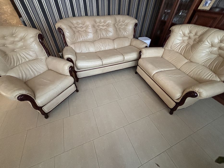 Komplet kanap wypoczynek skora naturalna lite drewno