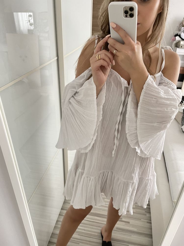 Sukienka biała boho z falbanami oversize 100% bawełna