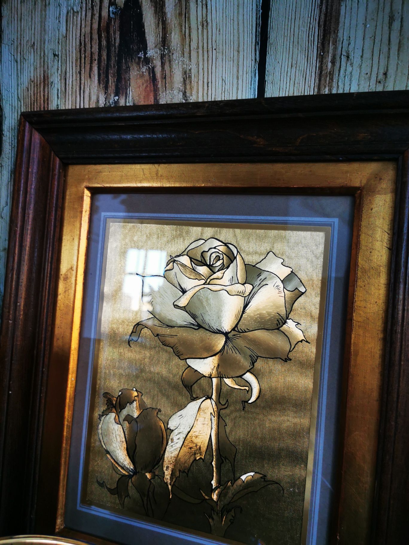 Obraz, obrazek, złota folia, róża, drewniana rama  UNIKAT