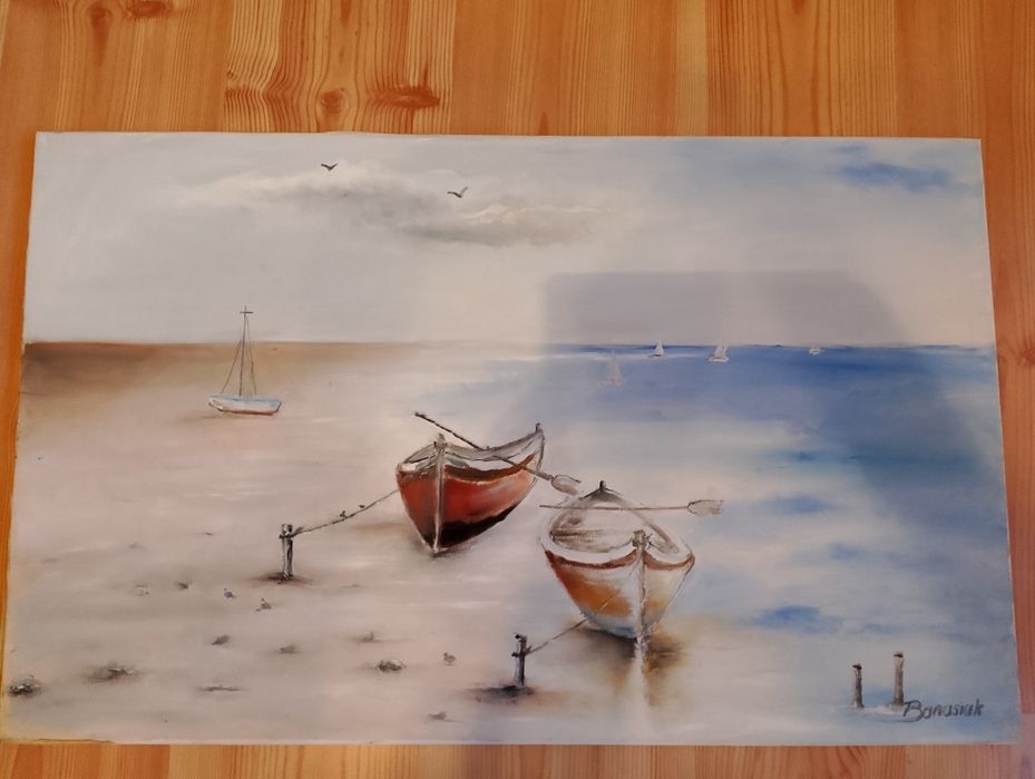 Obraz łódki na plaży 80/50 cm rękodzieło