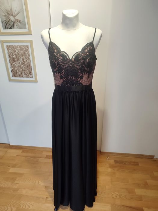 Nowa długa sukienka EMO czarna beżowa koronka sukienka maxi studniówka