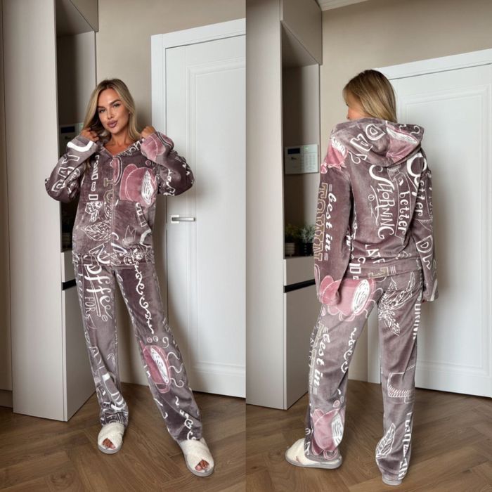 Женская махровая пижама турецкая кофта с капюшоном на молнии и штаны