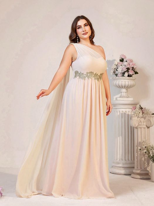 Sukienka Wieczorowa Szyfonowa Na Jedno Ramię Z Peleryną Maxi Shein 3Xl
