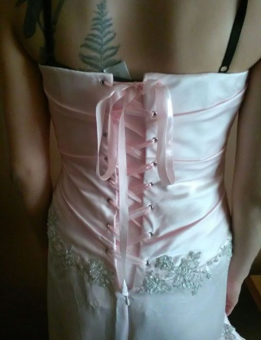 Suknia ślubna cywilny, balowa pudrowy ròż asymetryczna