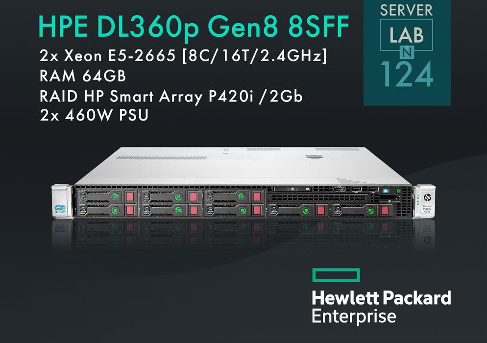 Сервер HP ProLiant DL360p Gen8 8SFF / 2x E5-2665 / 64GB / P420i