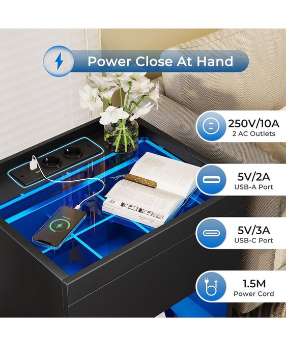 Stolik nocny ze stacją ładującą i lampkami LED, stolik nocny