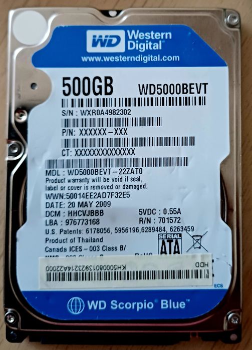 HD SATA 2.5" 500 GB, 320 GB, 250 GB, 80GB