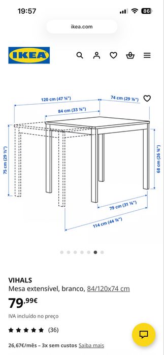 Mesa extensivel ikea 84/120x74