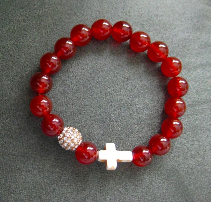 Pulseira de Pedras Naturais Laranja c/ Brilhante e Cruz NOVO