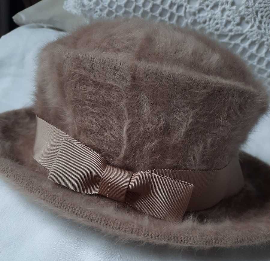 Kangol Cudo j.Nowy Angora 45% wełniany beż kawowy kapelusz 55 58