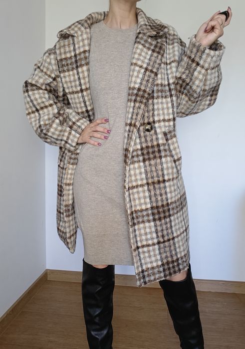 Płaszcz italy wełniany wełna oversize krata jesienny zimowy ciepły