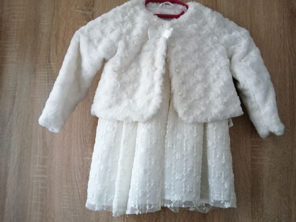 Komplet sukienka do chrztu 86 czapki buciki sweterek