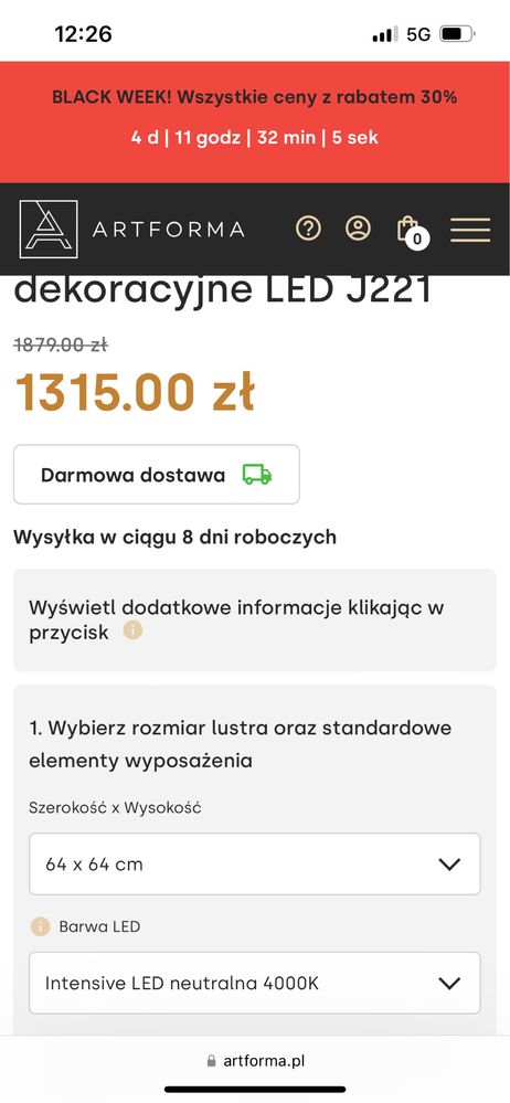 Lustro łazienkowe led 64x64 Artforma