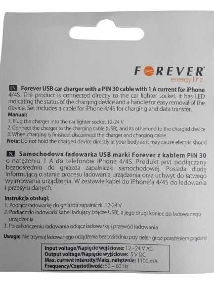 Samochodowa ładowarka USB marki Forever z kablem PIN 30,o natężeniu 1A