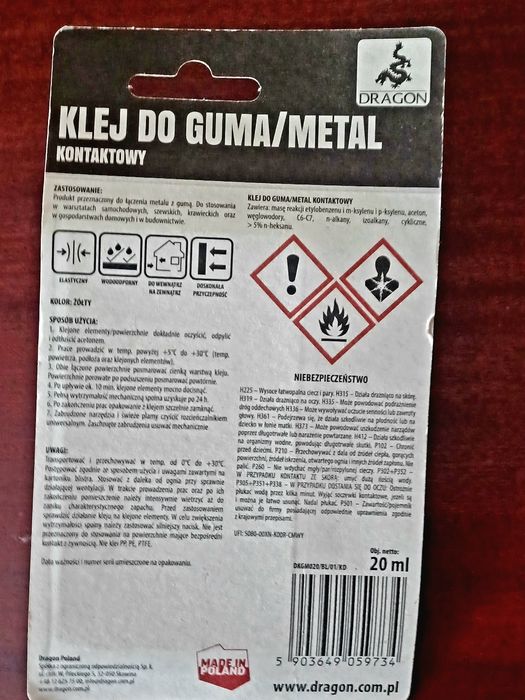 Klej do gumy i metalu do stosowania na zewnątrz i wewnątrz.