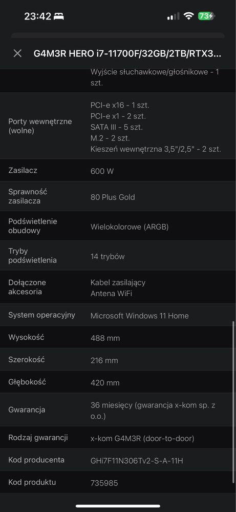 Komputer G4M3R HERO – i7-11700F / RTX 3060 Ti / 32 GB RAM / 2 TB SSD