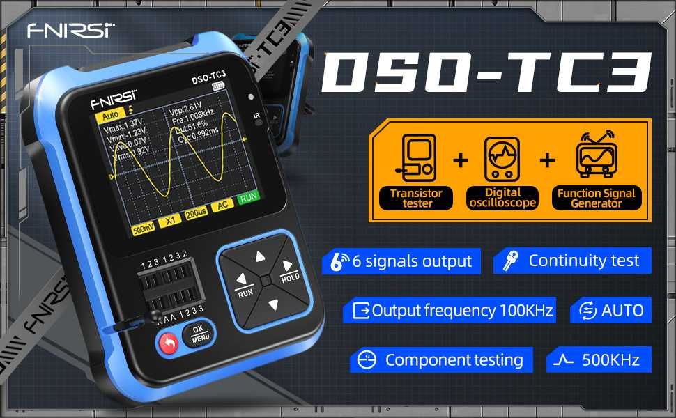 Osciloscópio FNIRSI DSO-TC3. Gerador de Sinais e Teste de componentes