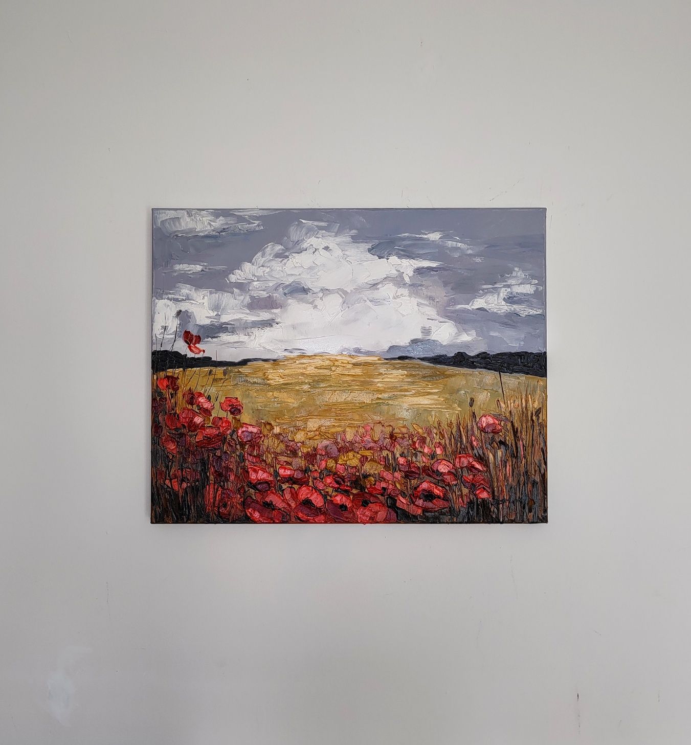 Obraz na płótnie, łąka kwietna, kwiaty maki, pejzaż, 40 x 50, olej