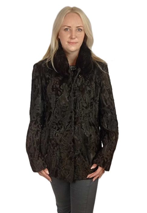 Damska kurtka z futra karakuła z kołnierzem z lisa – Model Hilda