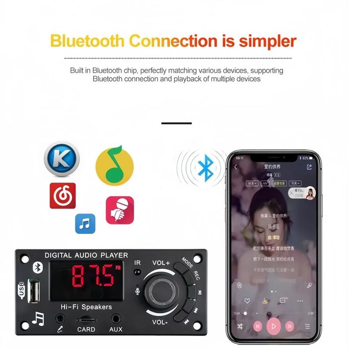 Bluetooth 5.0 декодер с усилителем 2*50W. DC 5-25V, mp3, fm, aux,usb