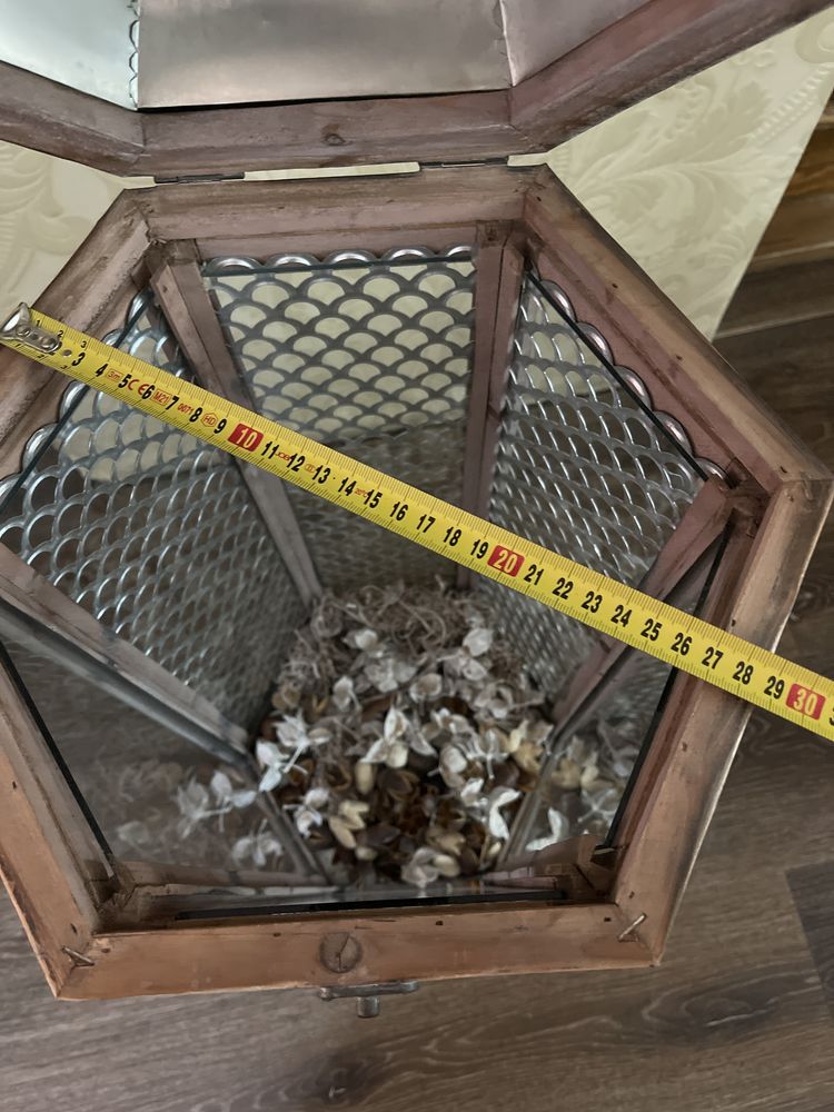 Lampion latarnia drewno metaloplastyka boho vintage 80 cm