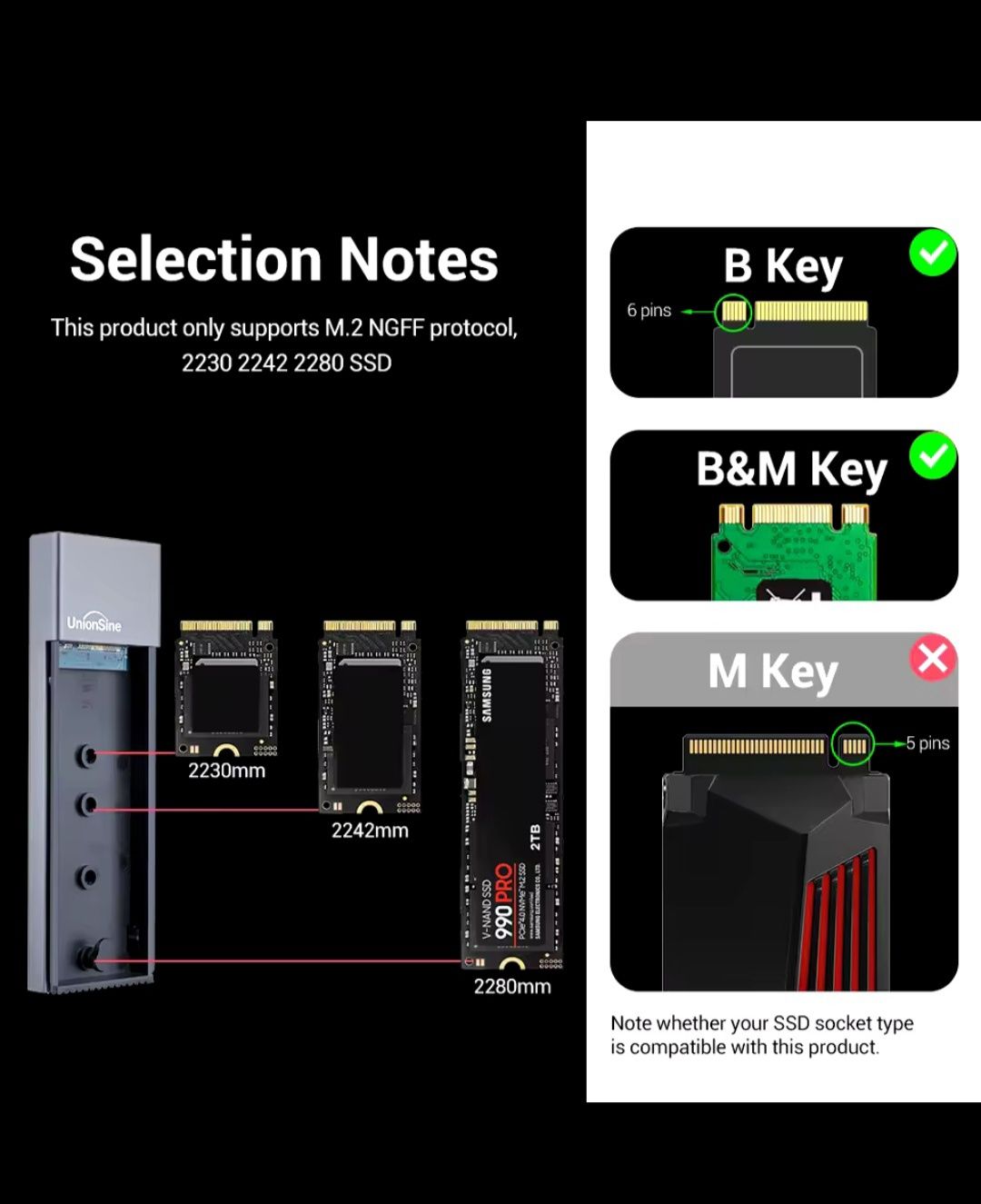 Карман внешний UnionSine M2 SSD Sata протокол