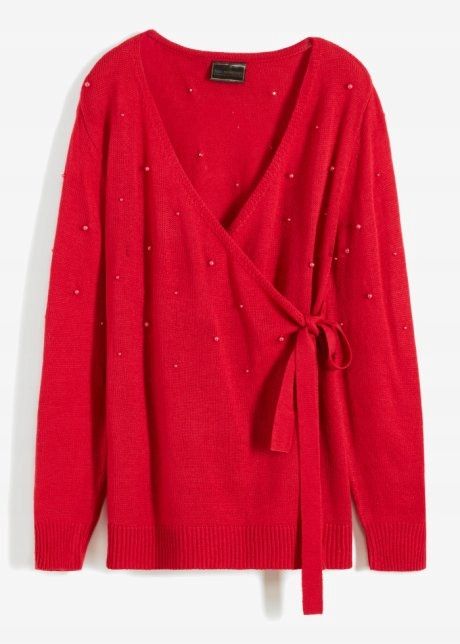 B.P.C sweter kopertowy z perełkami czerwony ^40/42