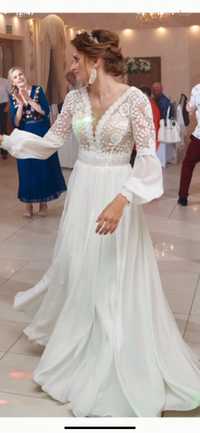 Suknia ślubna boho z rękawem ivory 34 muślinowa zwiewna