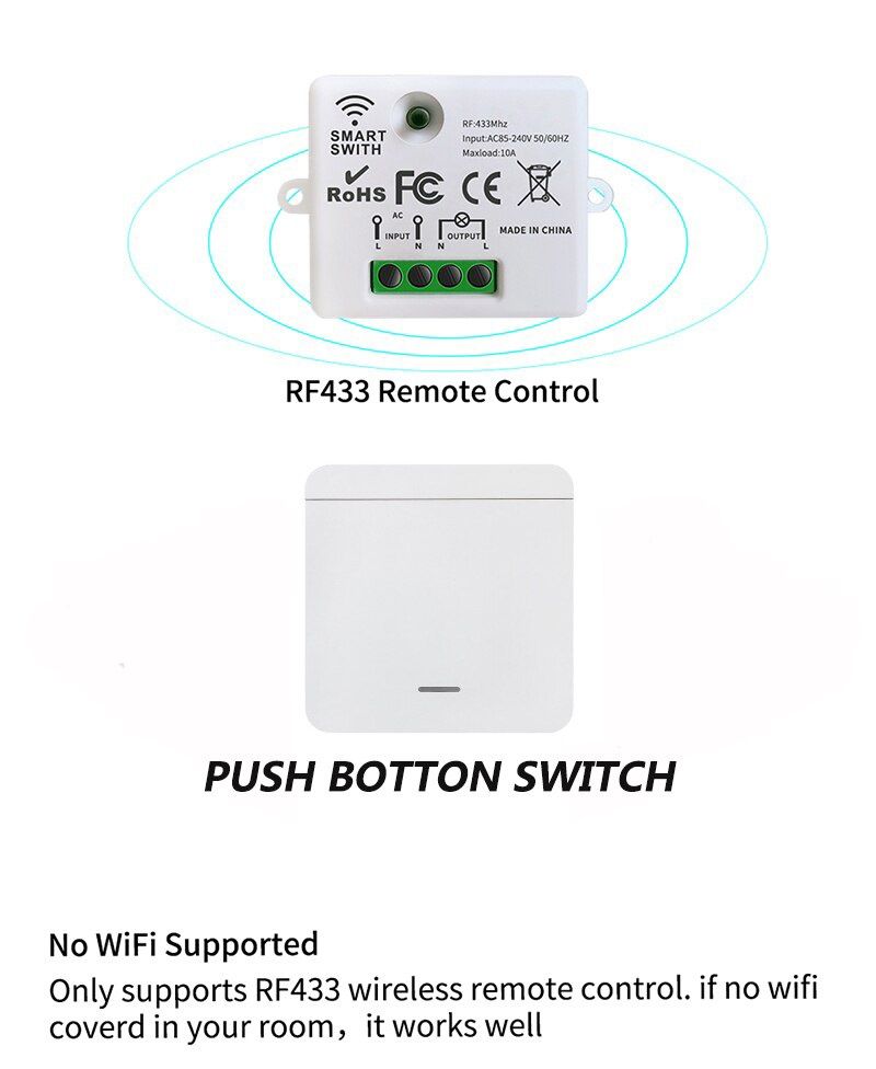 Interruptor de Luz 433MHz de parede sem fios RF 10A com receptor NOVO