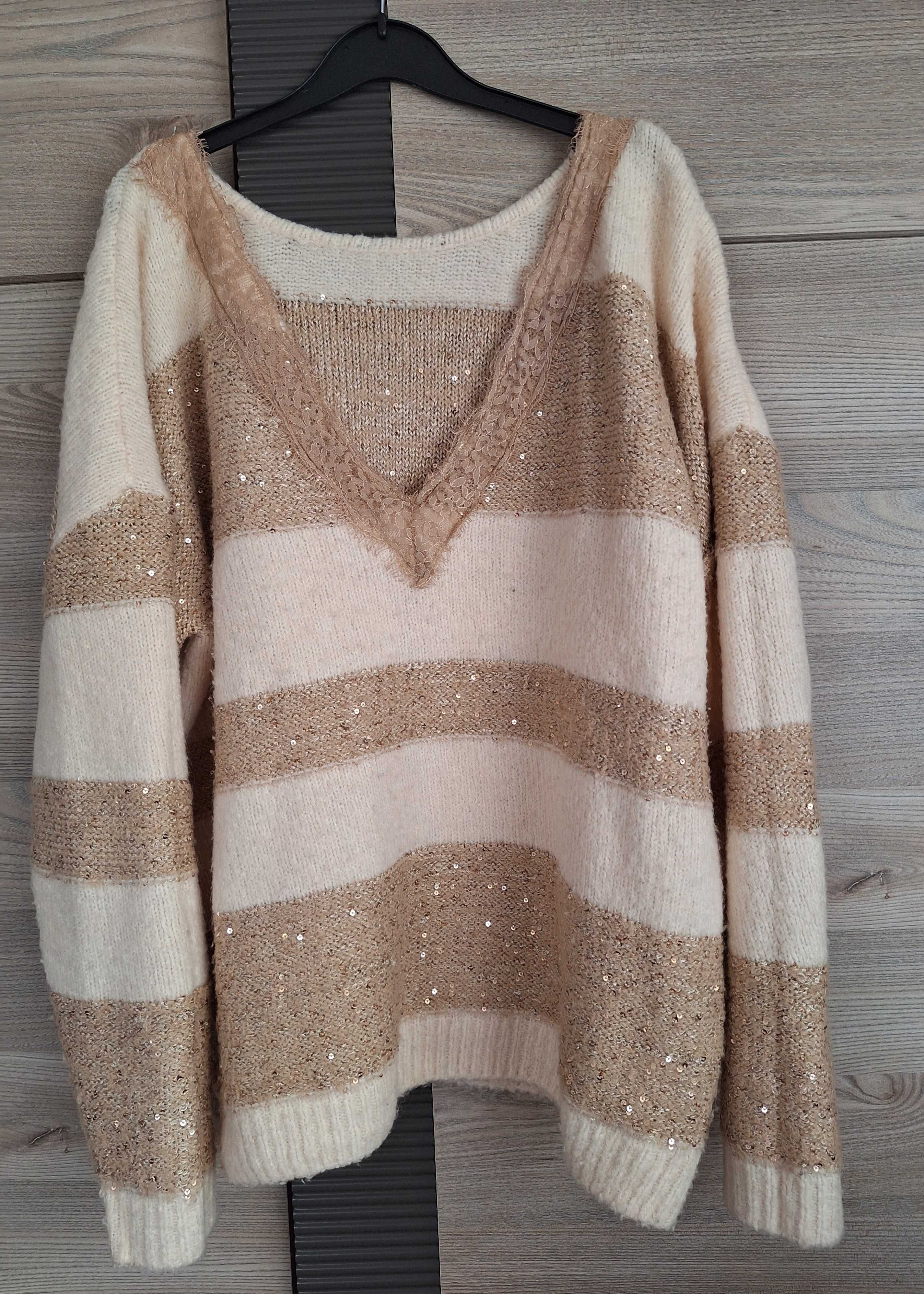 Sweter z cekinami i koronką, UNI