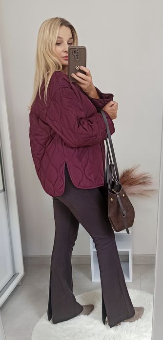 Zara kurtka pikowana XS 34 oversize bordowa wodoodporna