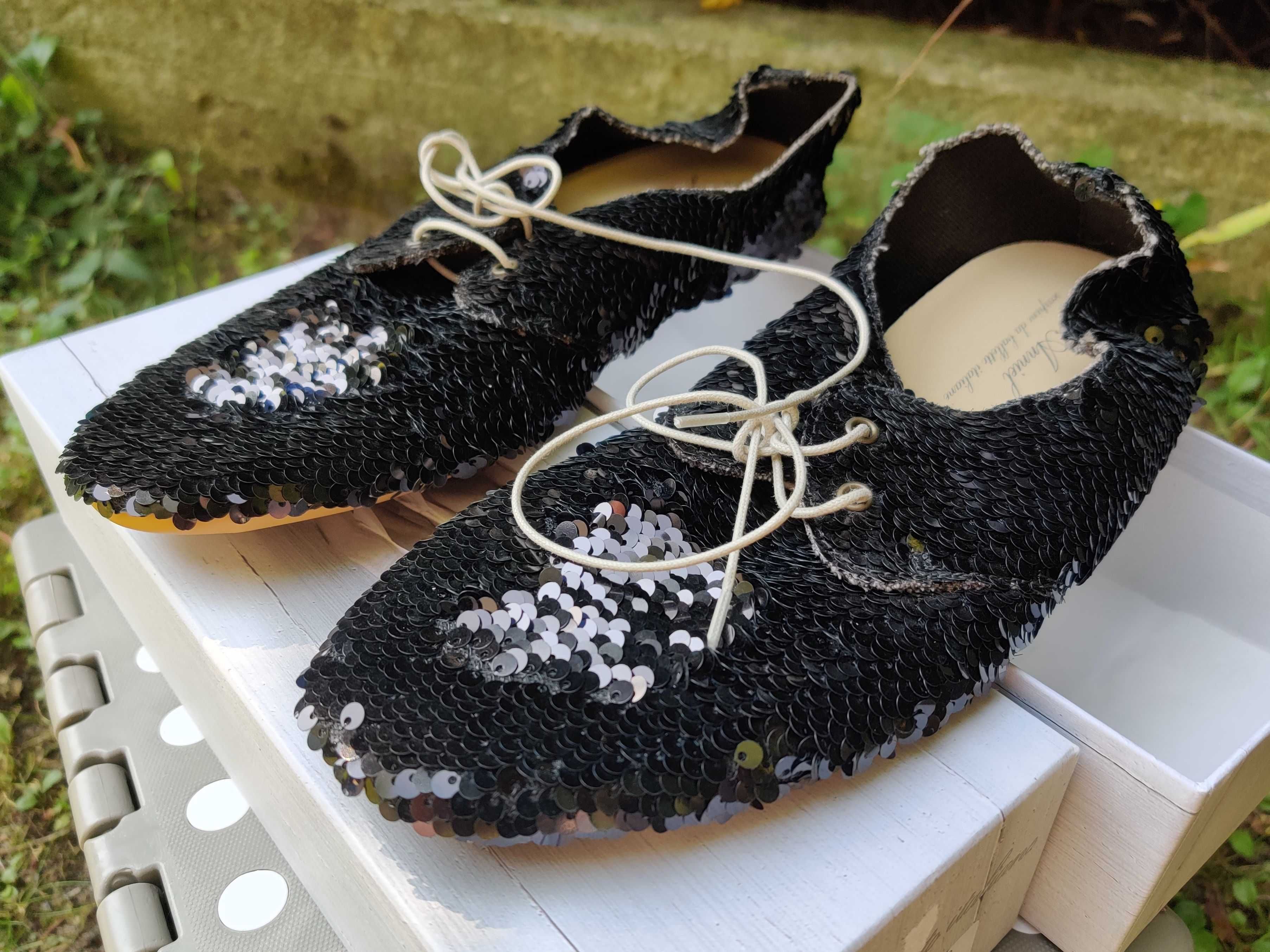 Anniel 39 czarne cekiny nowe buty oksfordy kafka