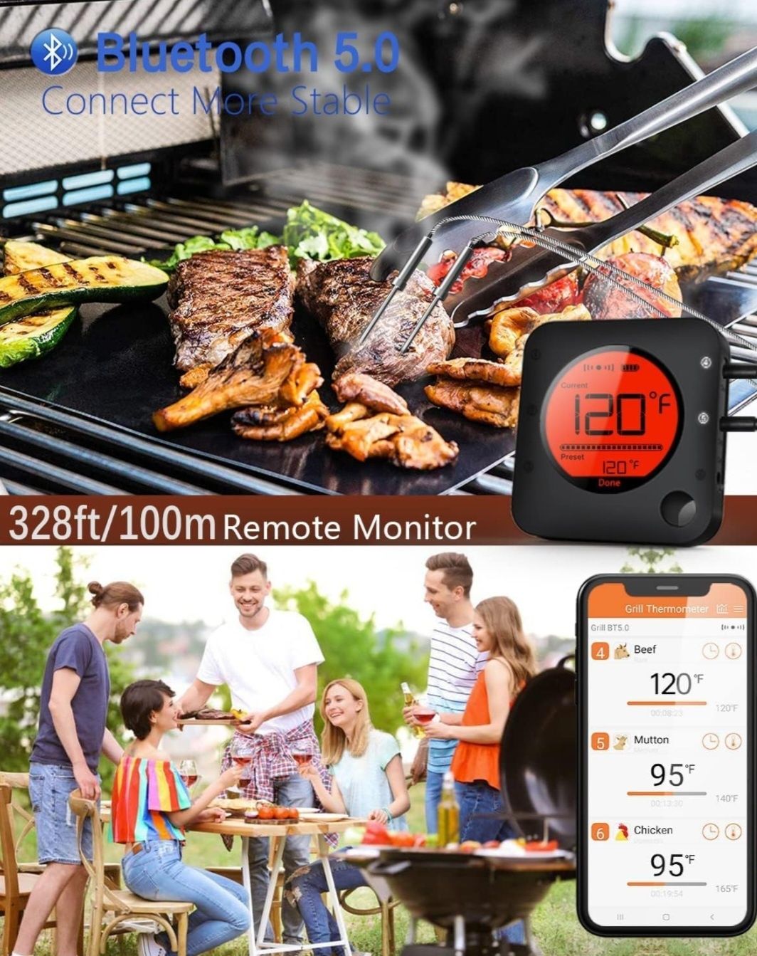 BFOUR termometr do grilla Bluetooth, cyfrowy termometr radiowy  2sondy