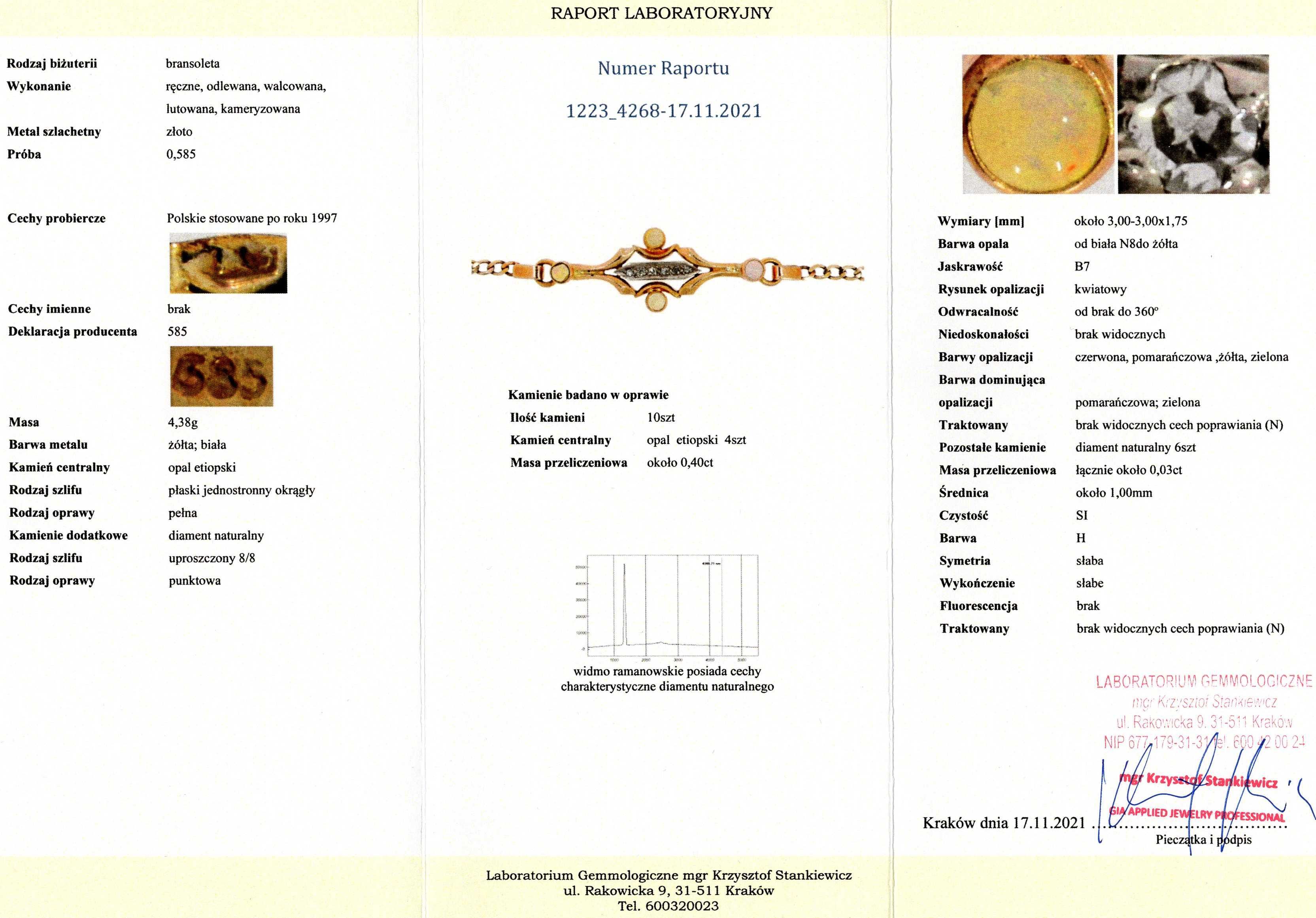Złota Bransoletka - 14K - 4,38g - Opale i Diamenty - KRAKÓW