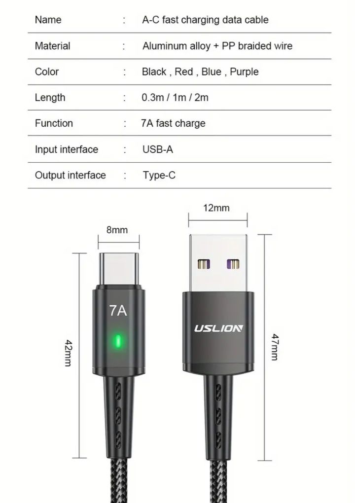 Usb A - USB C szybkie ładowanie 1 metr