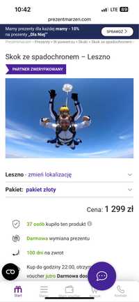 Skok ze spadochronem.  SkyDive Leszno. Pakiet Złoty