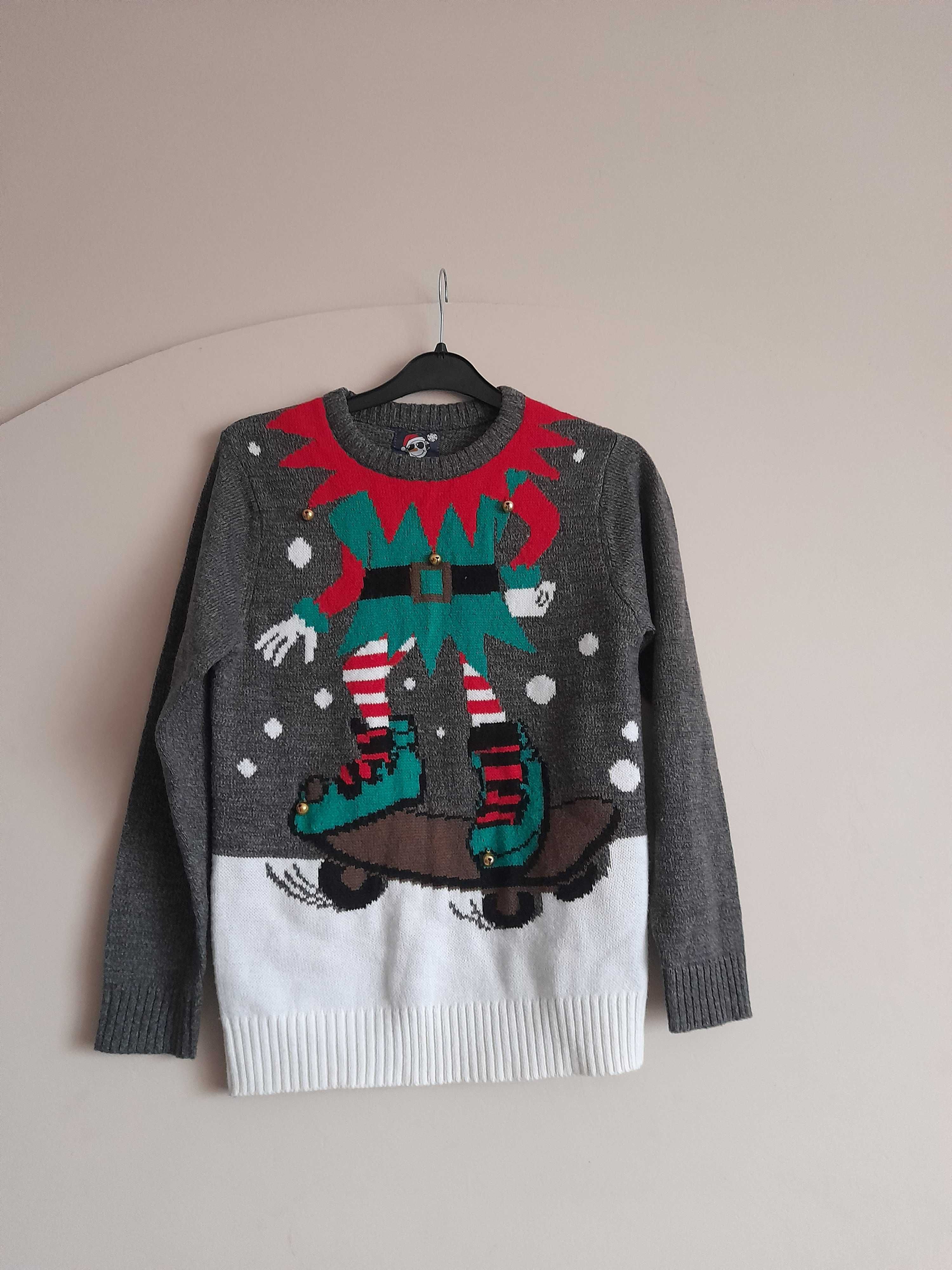 Świąteczny sweter brzęczący z dzwoneczkami,Elf na deskorolce,10-11lat