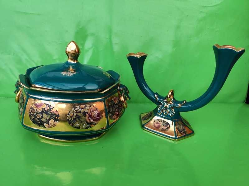 Terrina e castiçal de porcelana