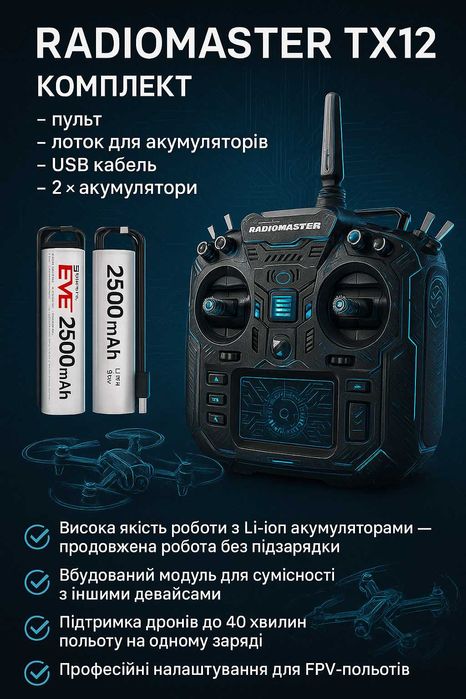 RadioMaster TX12 ELRS MKII + 2 акумулятори 18650 2500 мАг олх доставка