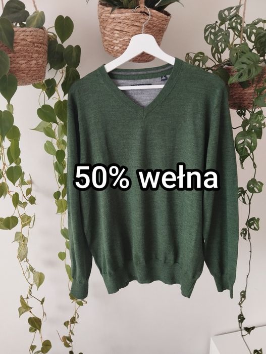 Jesienny, zimowy męski sweter z wełną, w serek, ciemnozielony r. XXL D