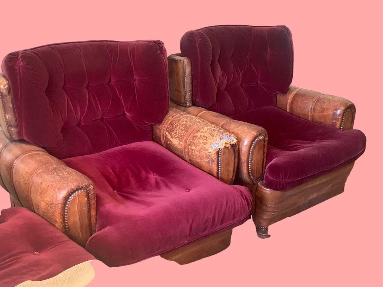 Conjunto de sofás de couro e veludo dos anos 70