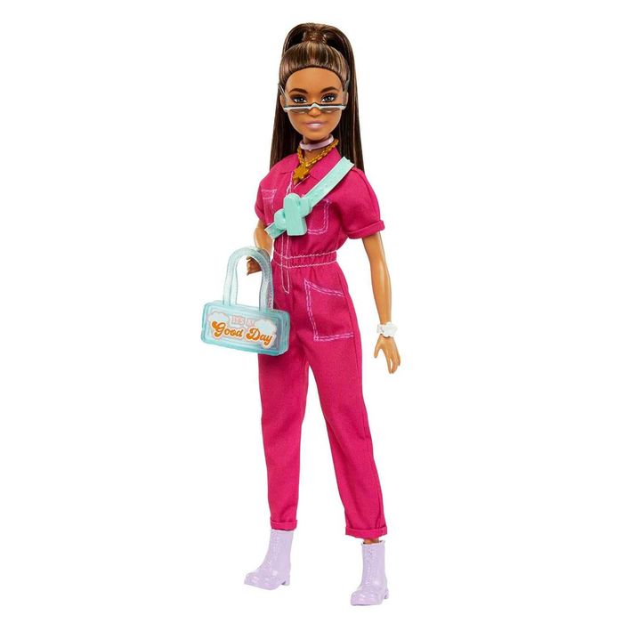 Mattel Barbie lalka brunetka w różowym kombinezonie akcesoria HPL76