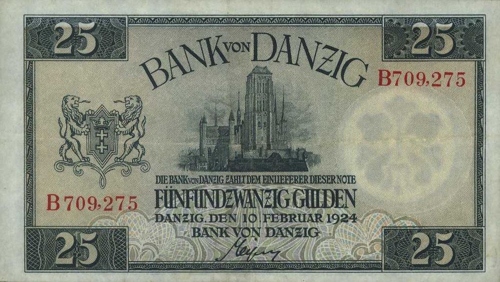 WOLNE MIASTO GDAŃSK 25 gulden 1924 UNC  seria B - BANK von DANZIG