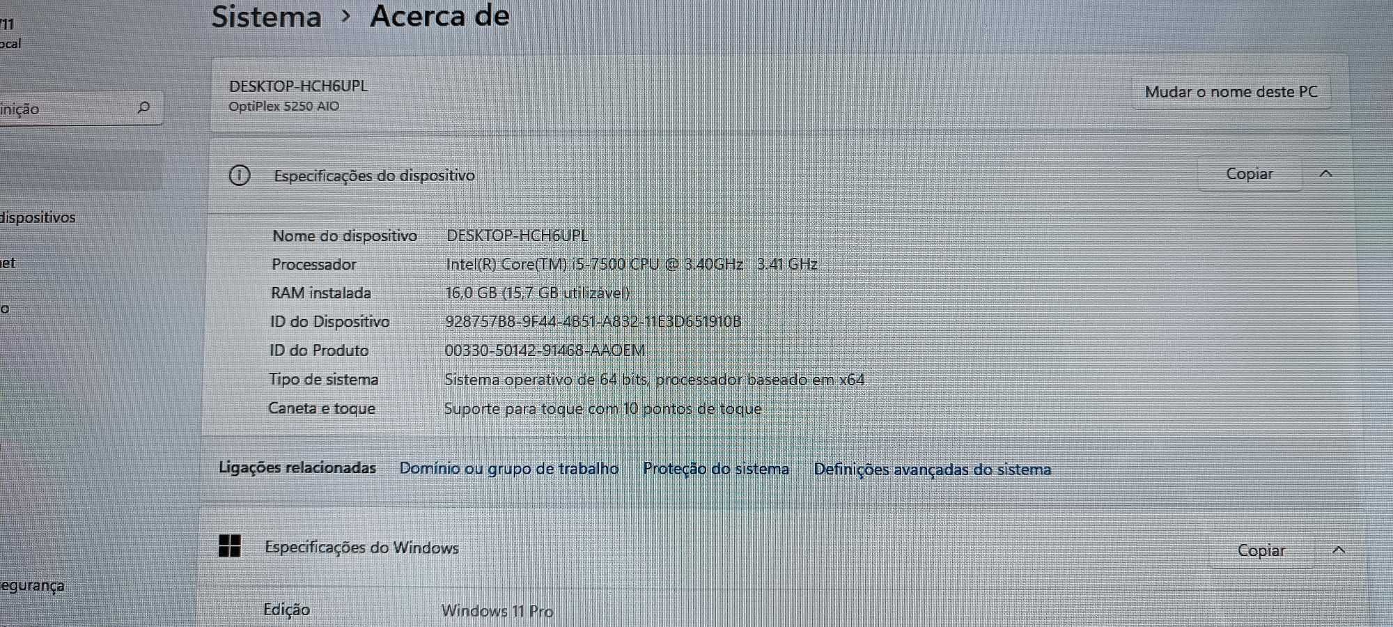 Dell Optiplex All In One 5250 Ecrã 21.5 FHD touch/i5/16GB RAM/NVME+HDD